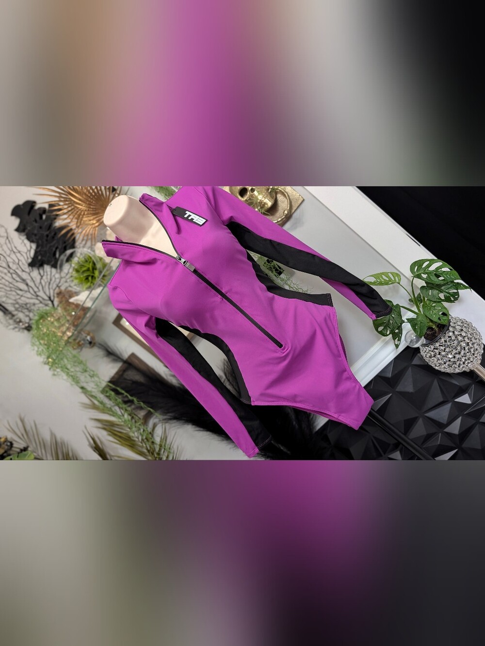TA3 Orchid & Black "Surfy" Corset Bodysuit Swimwear LG NWT